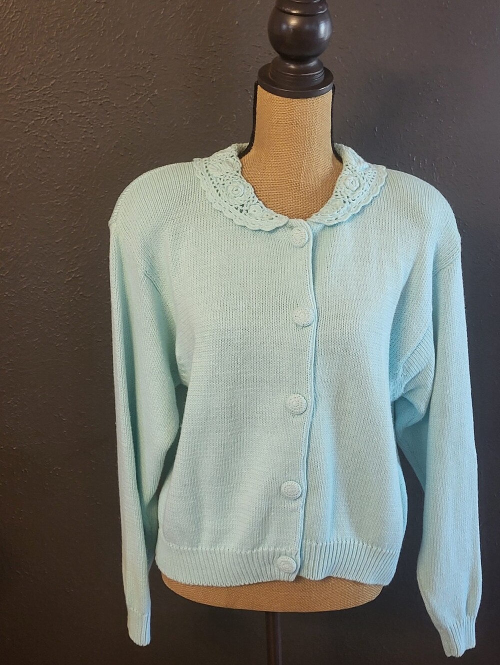 Sheridan Square 80s Mint Blue Cotton-blend Cardigan Crocheted Collar Medium